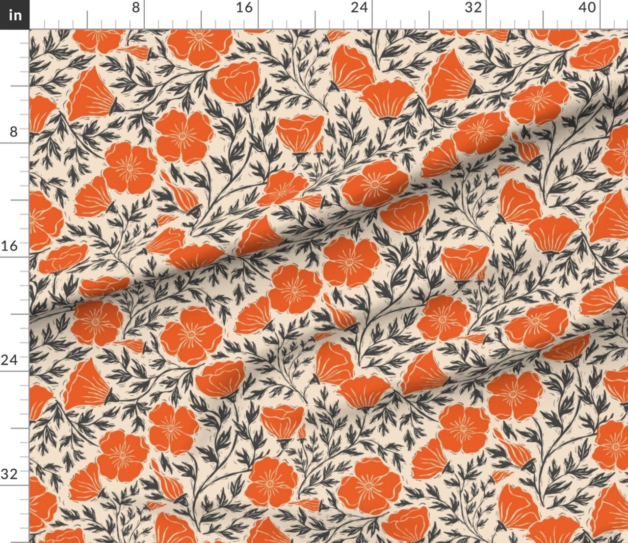 Orange Floral Block Print Summer Poppies Retro Linocut Bold Black Botanical Modern Flowers Custom Printed Fabric by Spoonflower Various Fabrics by the Yard or Fat Quarter